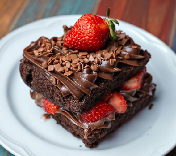 Čokoládové brownies: vlhký a hutný dezert z Ameriky Brownies s čokoládovým krémem a jahodami